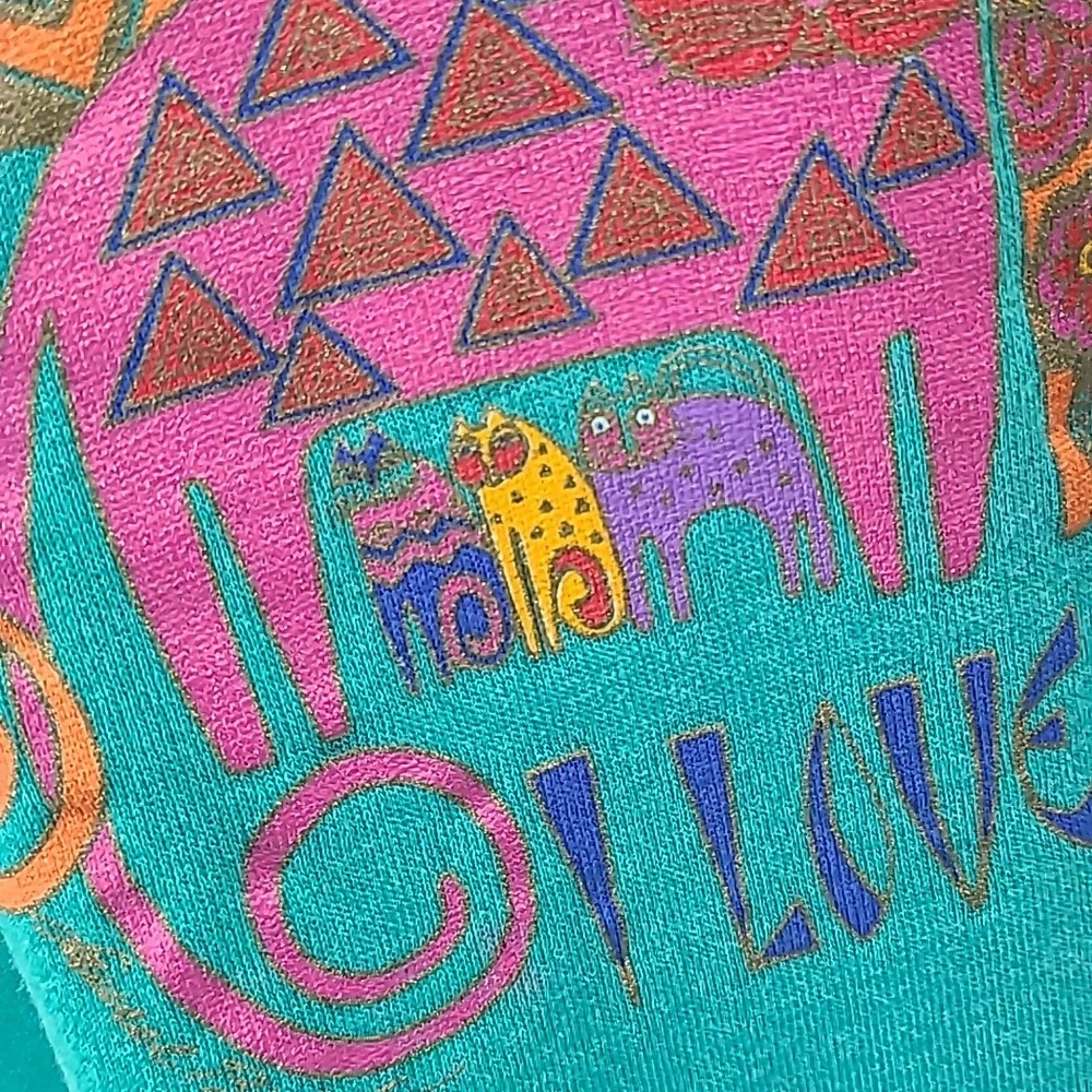 Vintage Laurel Burch I LOVE CATS! Sweatshirt teal green large hanes - Picture 8 of 16